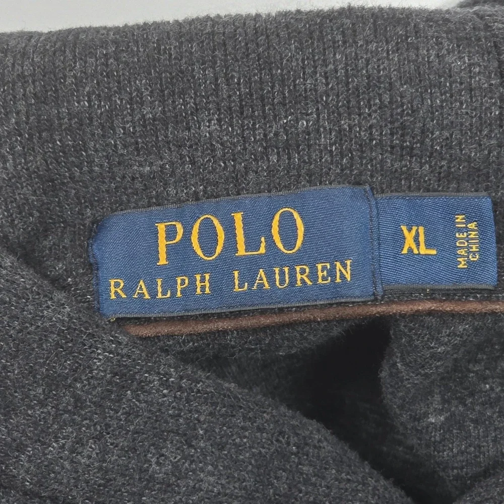Polo Ralph Lauren Shawl Collar Sweater Mens XL Charcoal Grey Suede Elbow Patches